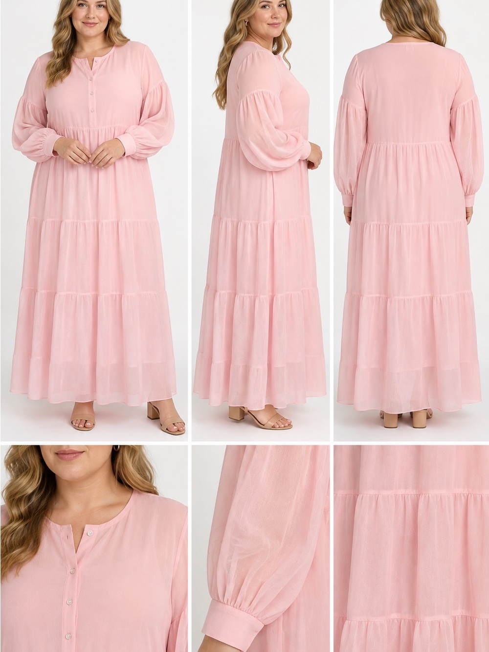 Blush Pink Tiered Maxi Dress with Bishop Sleeves